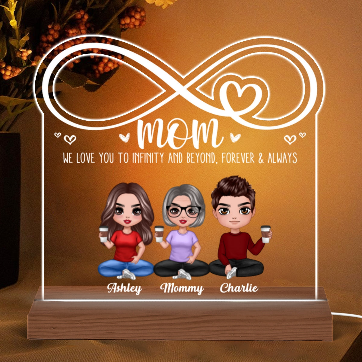 Mom We Love You To Infinity Doll Mom & Children Daughter Son Sitting Personalized Custom Shaped Acrylic Plaque With LED Night Light