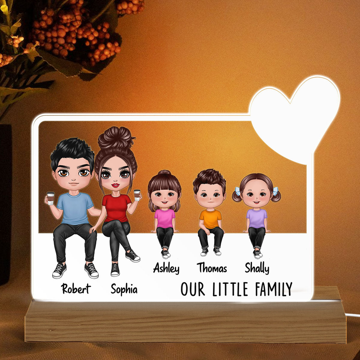 Our Family Doll Sitting Heart Personalized Acrylic Custom Shape LED Night Light