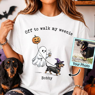 Off to Walk My Dog - Personalized Shirt - Halloween Spooky Ghost Trendy Tee for Dog Moms, Dog Dads