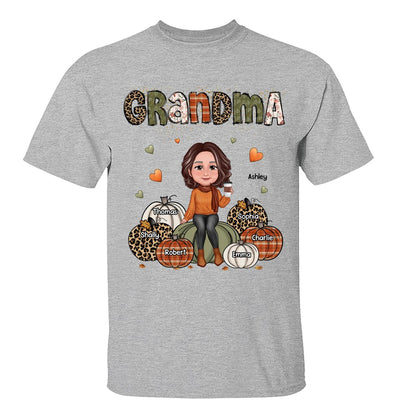 Vintage Orange & Green Grandma Patterned Pumpkins Kids Names Fall Season Personalized Shirt