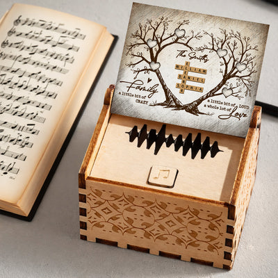 Family Heart Tree Crossword Puzzle - Personalized Wooden Music Box - Anniversary, Valentine's Day Gift, Gift For Him, Gift For Her