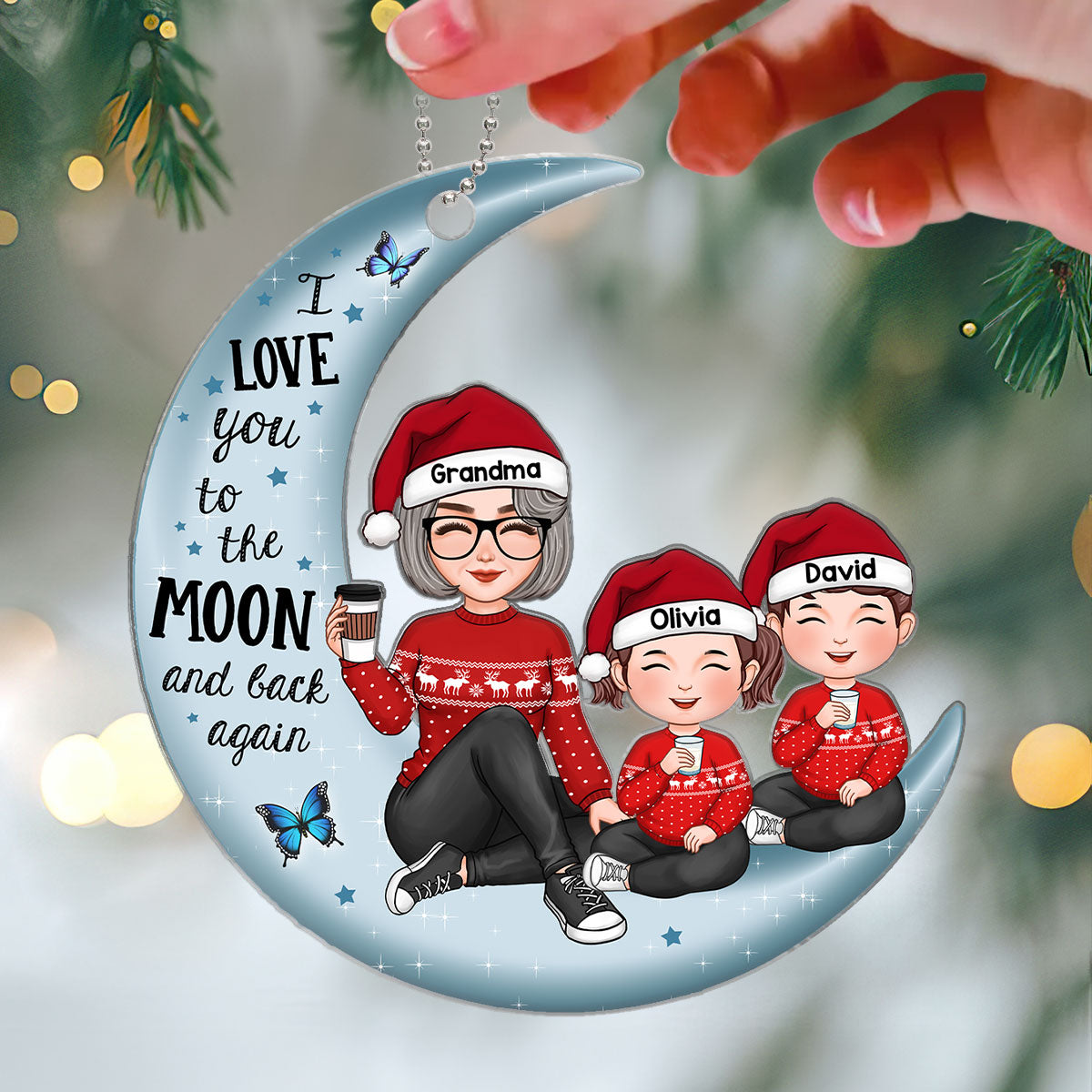 Cute Grandma & Grandkids On Moon Christmas Gift Personalized Acrylic Ornament