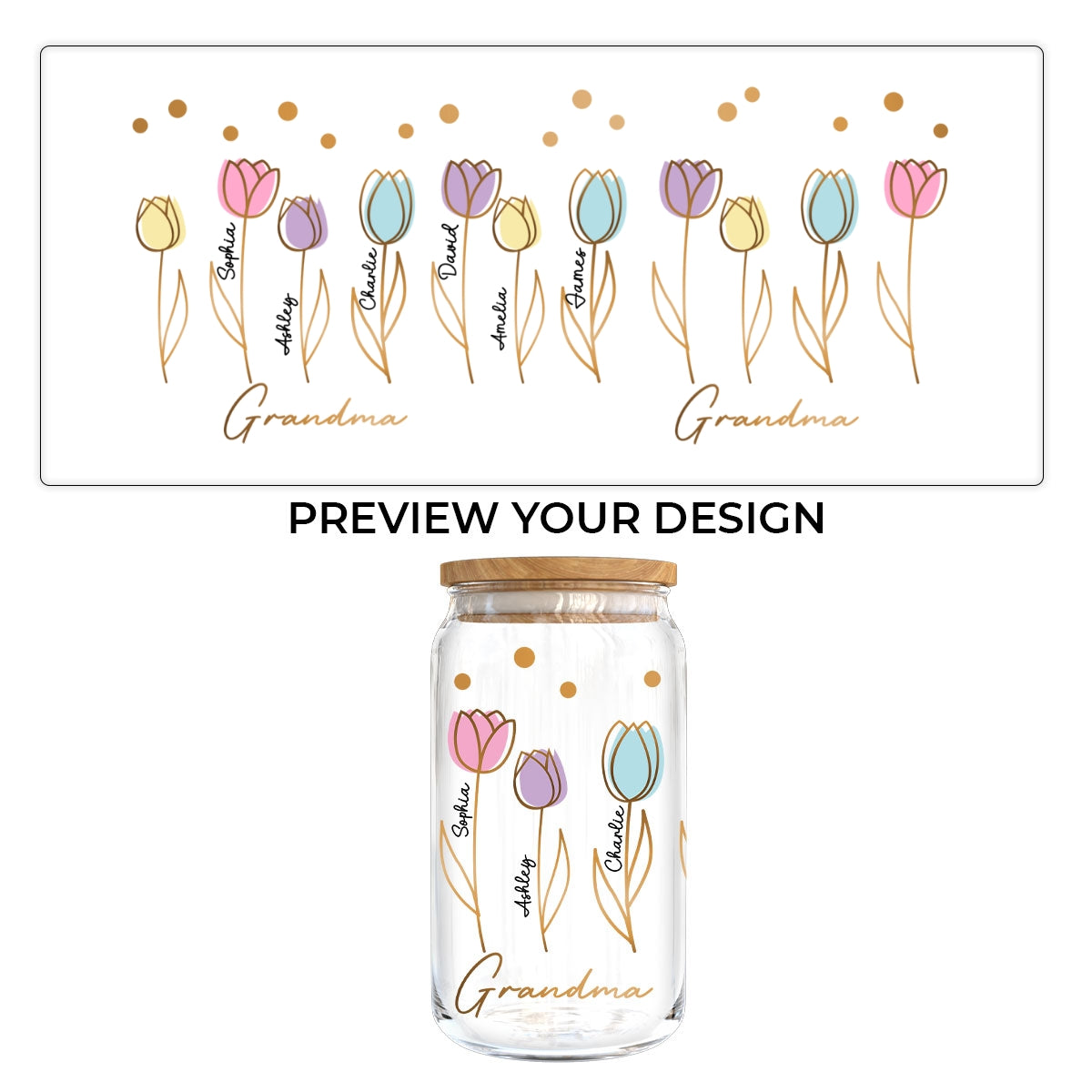 Grandma Mom Auntie Tulip Flowers Kids Names Personalized Clear Glass Can