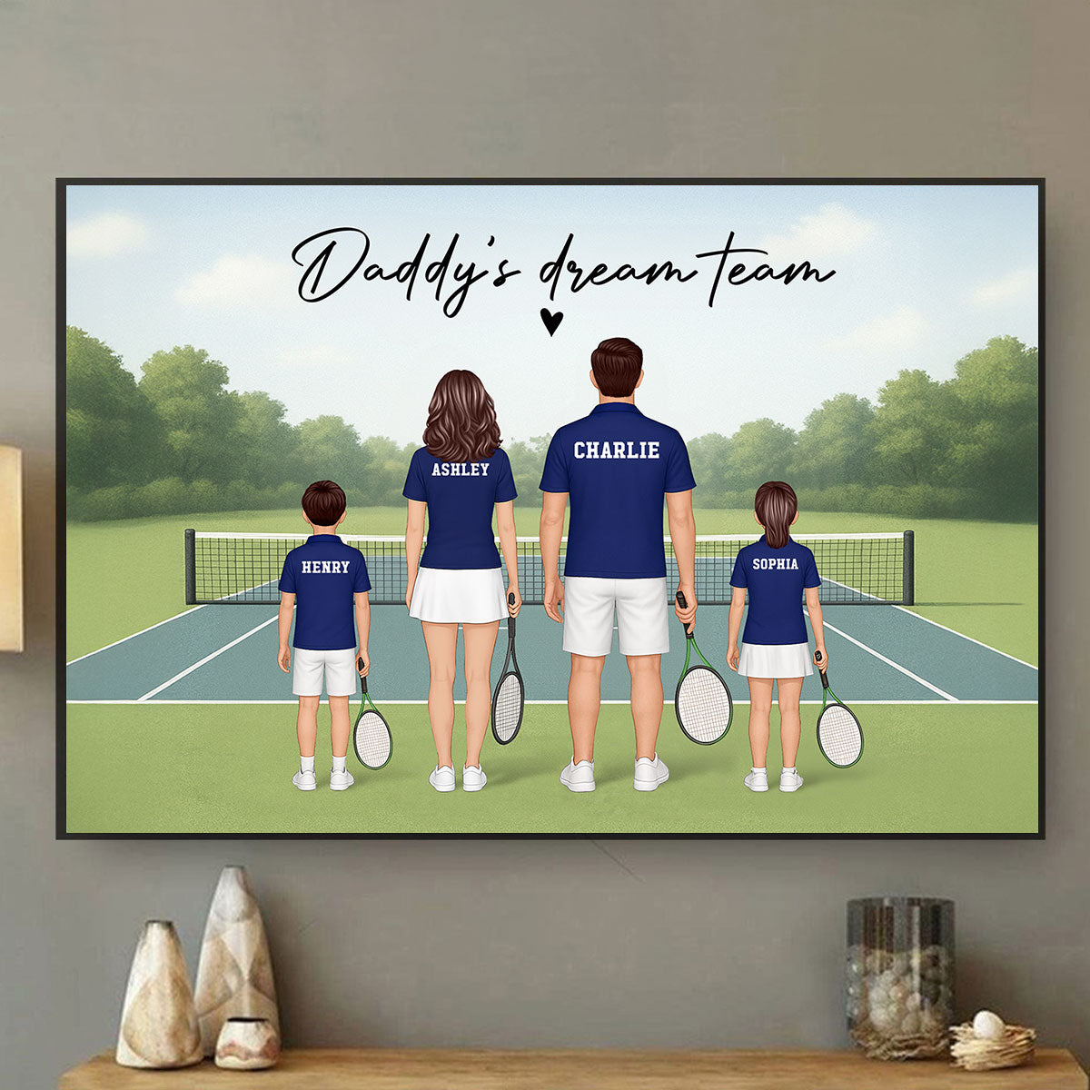 Daddy's Team Tennis Family Back View Personalized Poster, Father's Day Gift
