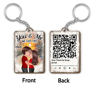 Doll Couple Kissing Sunset Forest Favorite Song QR Code Personalized Wooden Keychain