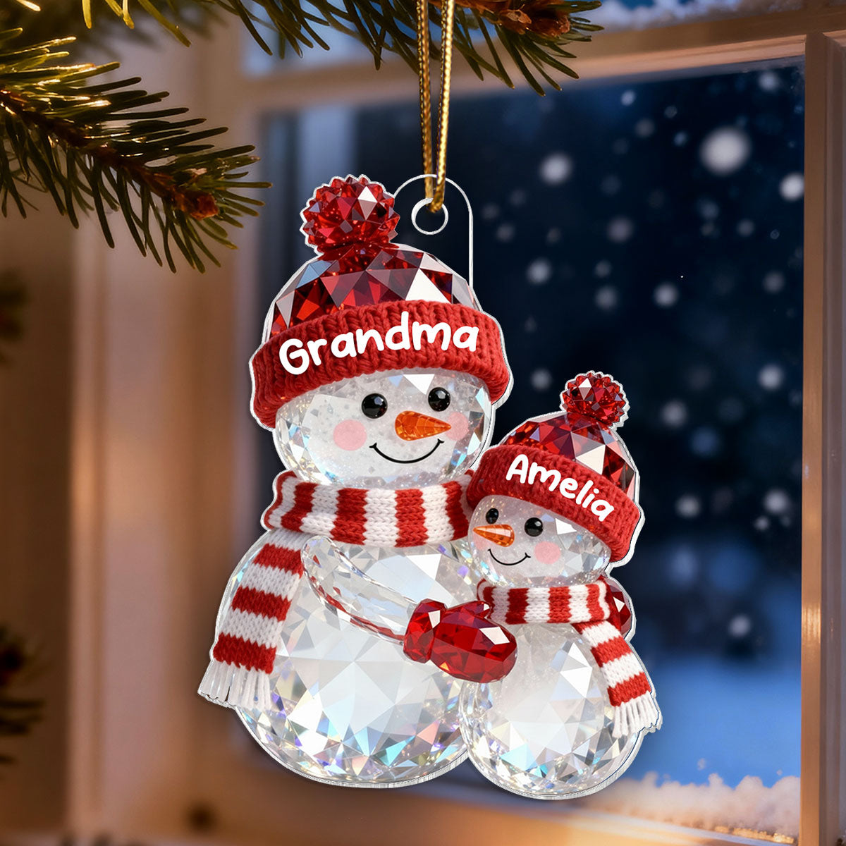 3D Effect Flat Snowman Grandma Hugging Grandkid Christmas - Personalized Acrylic Ornament - Gift For Grandkids