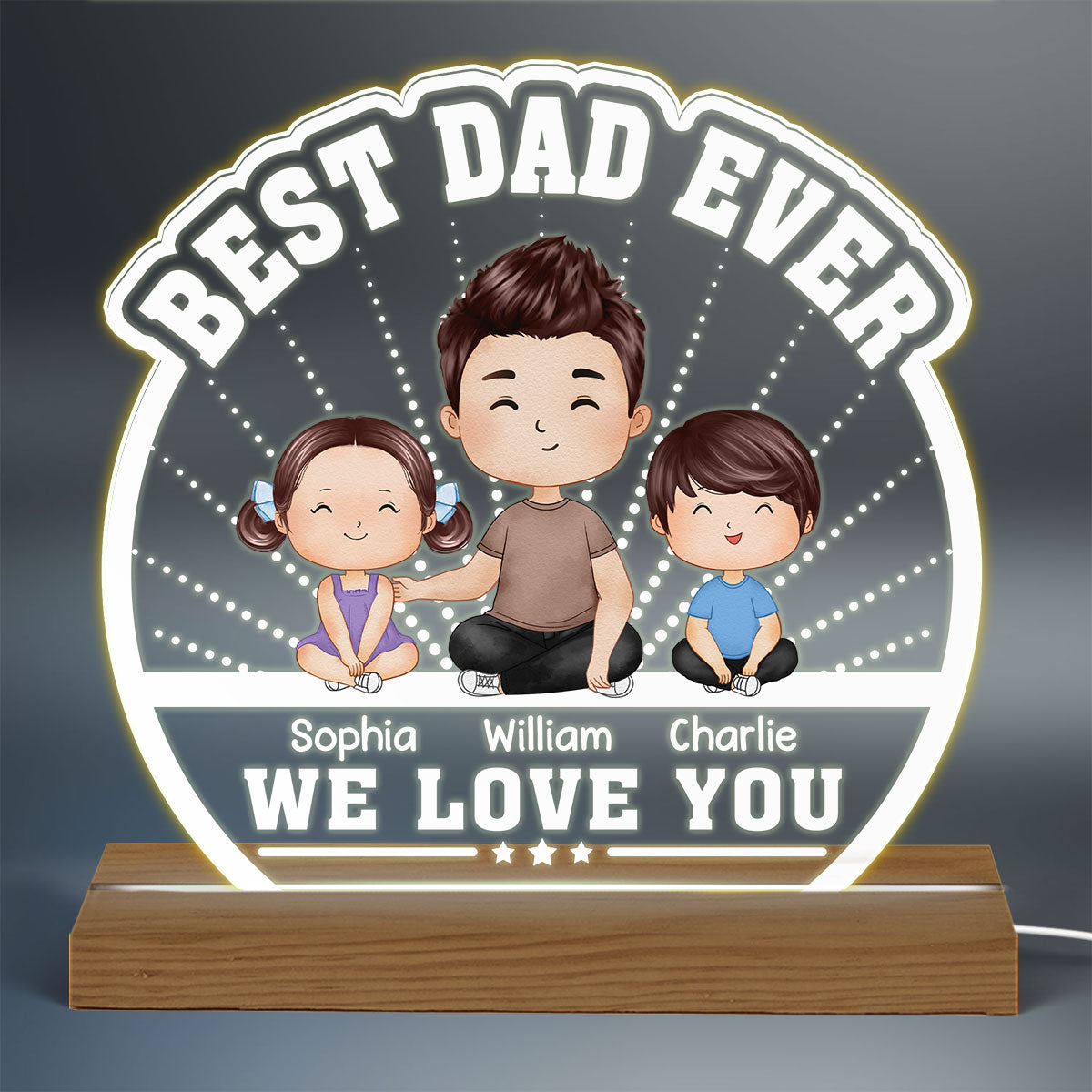 Best Dad Ever Watercolor Dad & Kids Sitting Personalized Custom Shaped Acrylic Plaque With Warm LED Night Light
