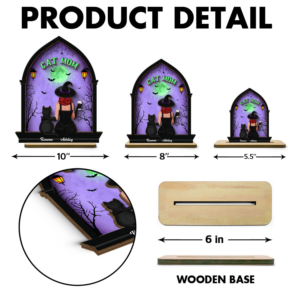 Halloween Witch and Cats Gothic Window Shaped Personalized 2-Layer Wooden Standing Plaque