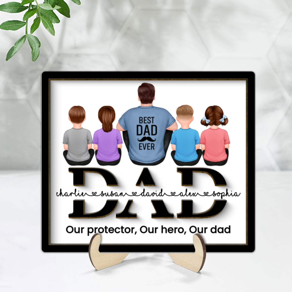 Dad And Kids Back View Sitting On Text Personalized 2-Layer Wooden Plaque