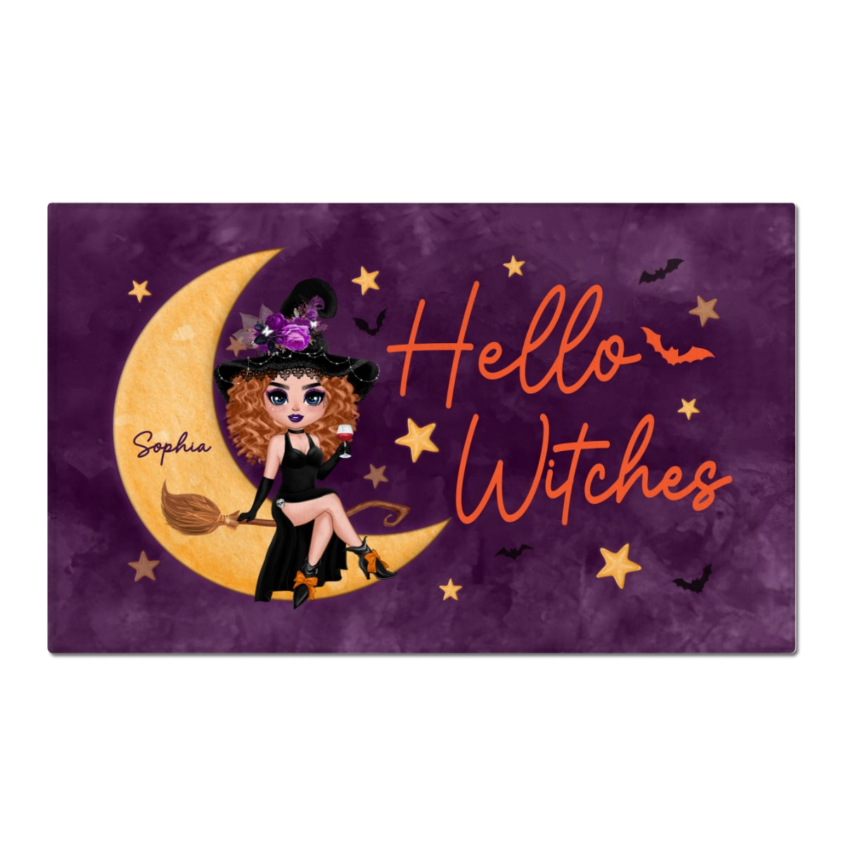 Hello Witches Doll Sitting Personalized Doormat, Gift For Girl, Woman