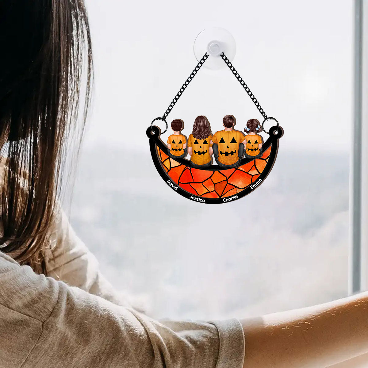 Halloween Family On Moon Personalized Suncatcher, Halloween Decoration