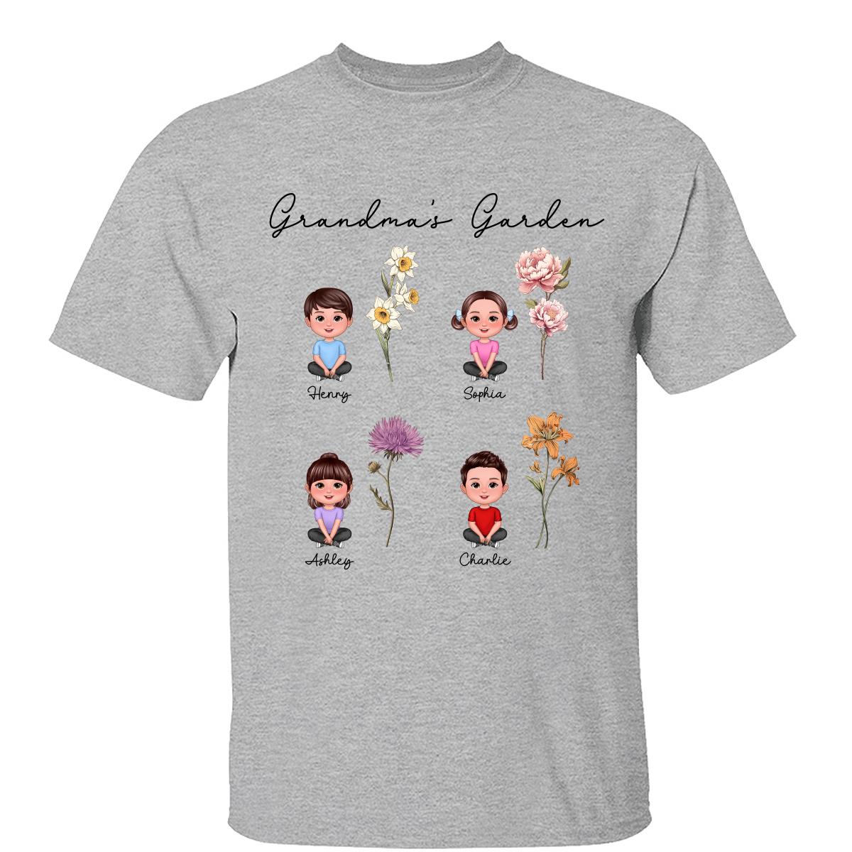 Grandkids Sitting Crossed Leg Grandma Garden Vintage Birth Month Flowers Personalized Shirt