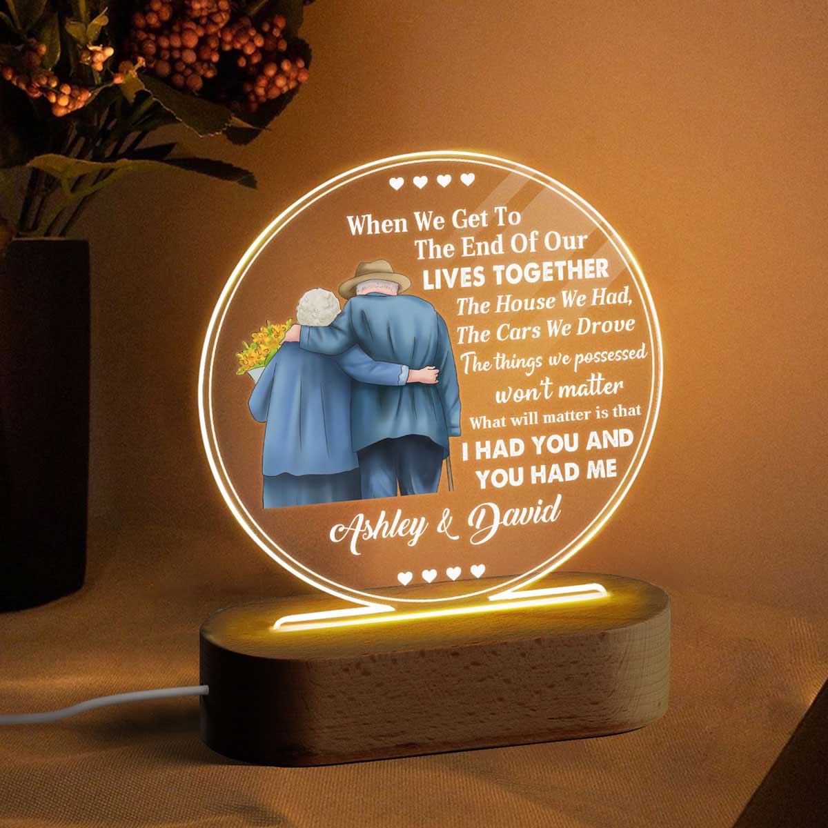 Old Couple Back View When We Get Old Personalized Circle Acrylic Plaque With LED Night Light