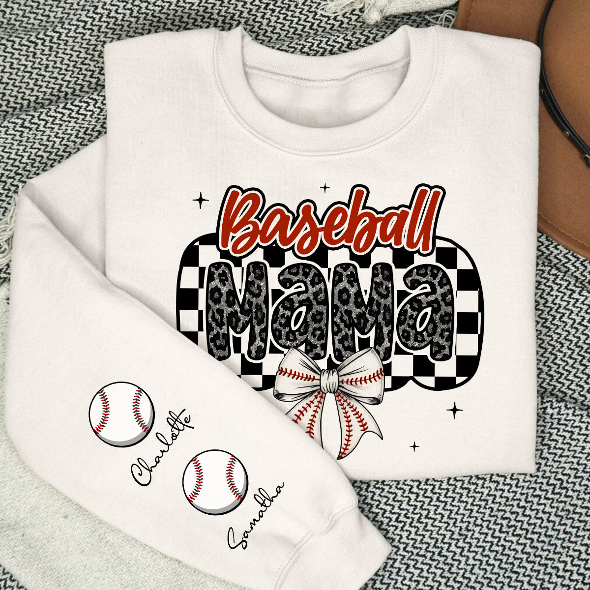 Retro Baseball Mom Coquette Bow Personalized Sleeve Printed Sweatshirt, Proud Baseball Mom Game Day Shirt, Gift For Baseball Mom