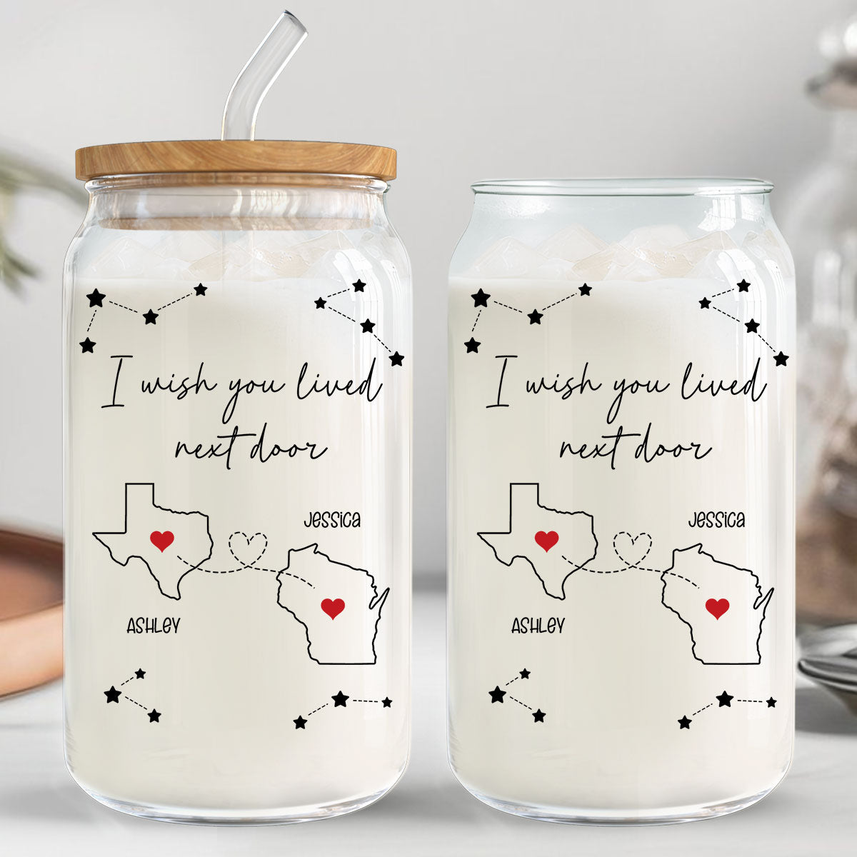 I Wish You Lived Next Door Personalized Tumbler Glass Can, Long Distance Friends Family Sisters Gift