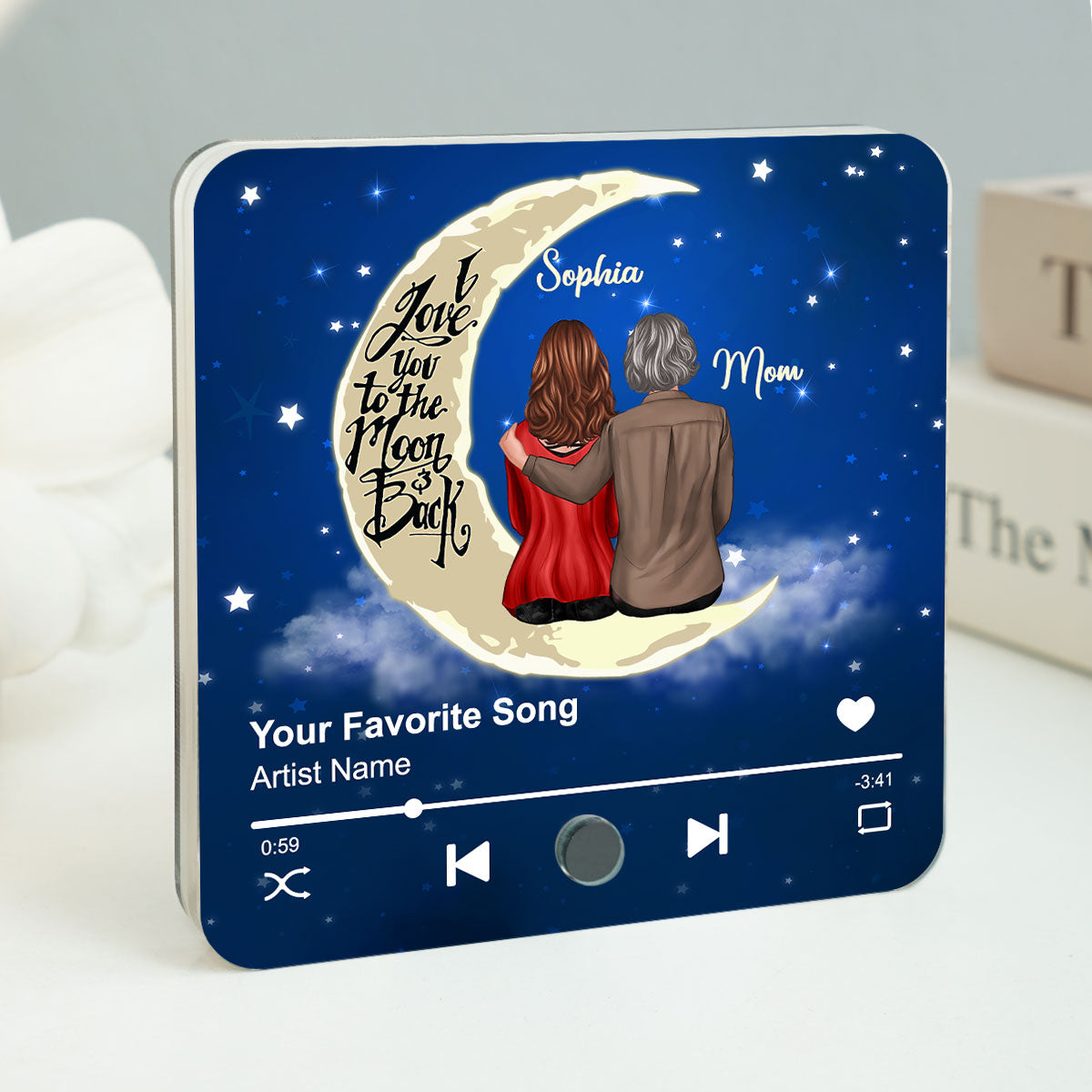 Mom & Son Daughter Sitting I Love You To The Moon And Back Personalized Music Fridge Magnet