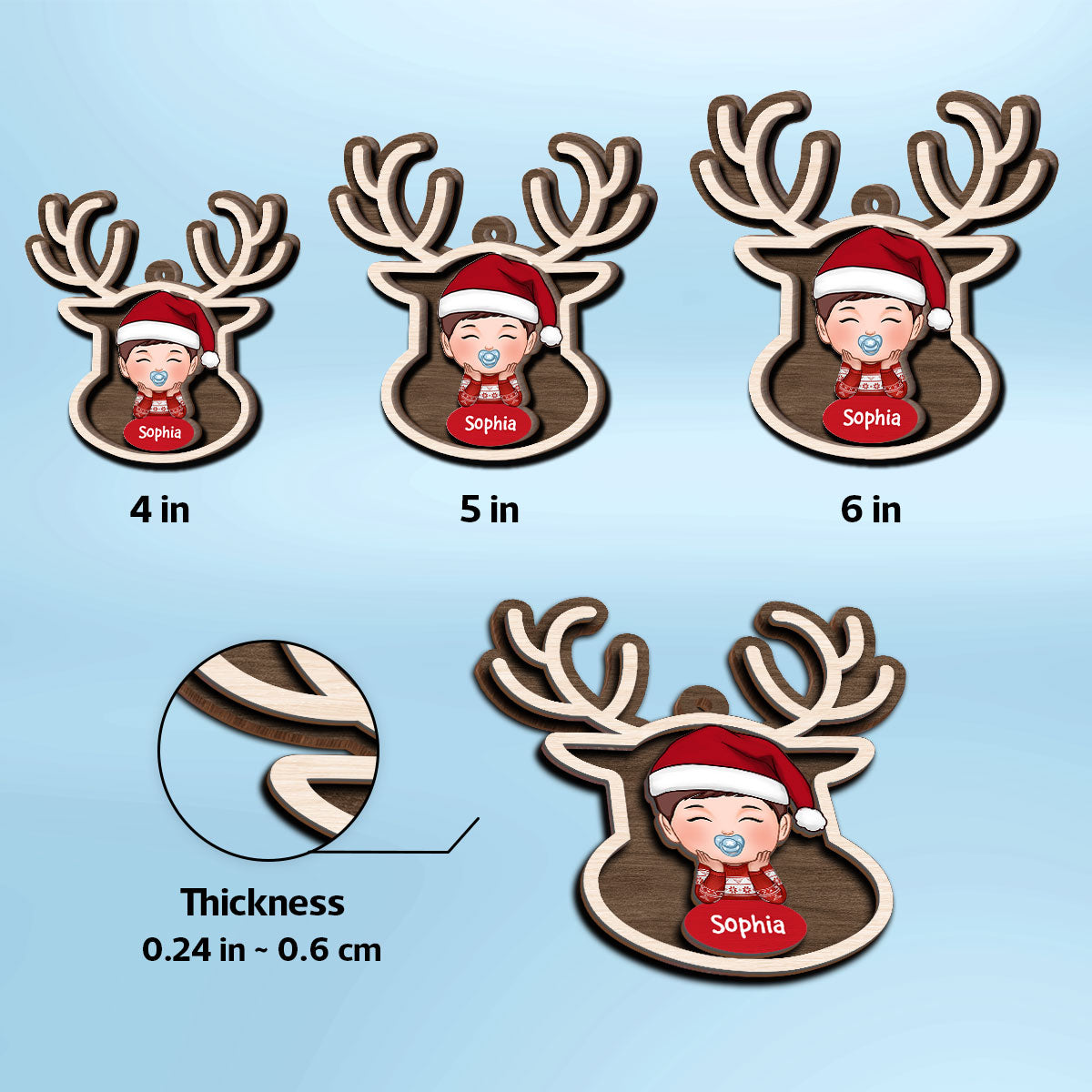 Reindeer Baby Christmas Personalized 2-Layer Wooden Ornament