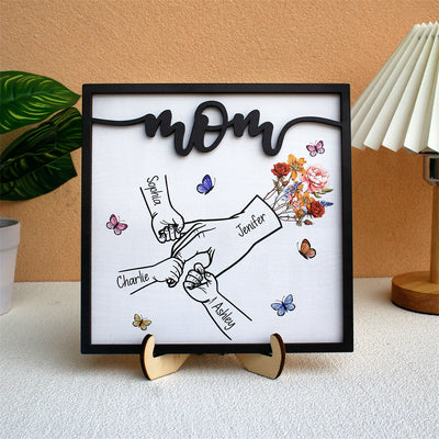 Kids Holding Mom‘s Hand Vintage Birth Month Flowers Personalized 2-Layer Wooden Plaque