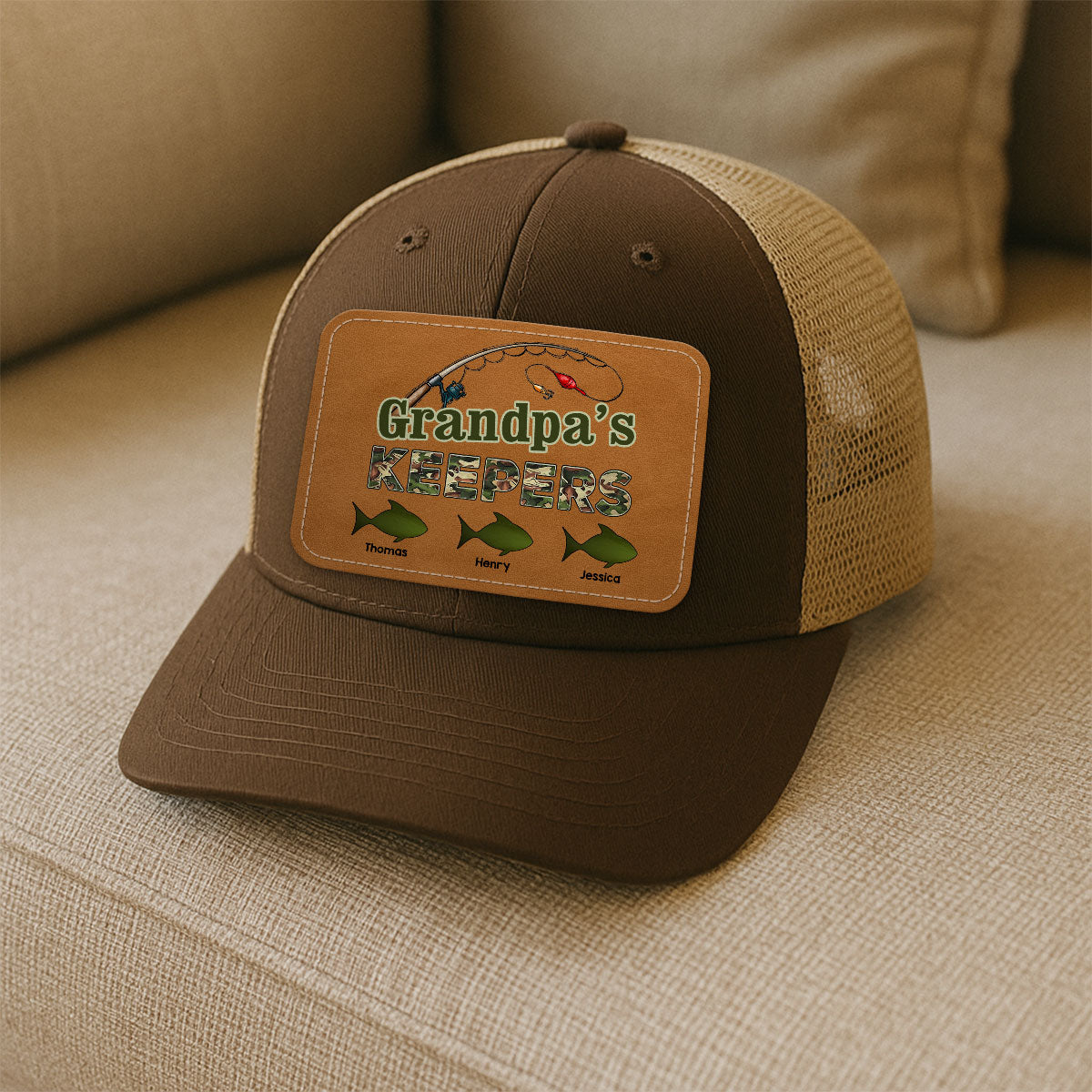 Grandpa‘s Keepers Fishing Camouflage Personalized Leather Patch Hat