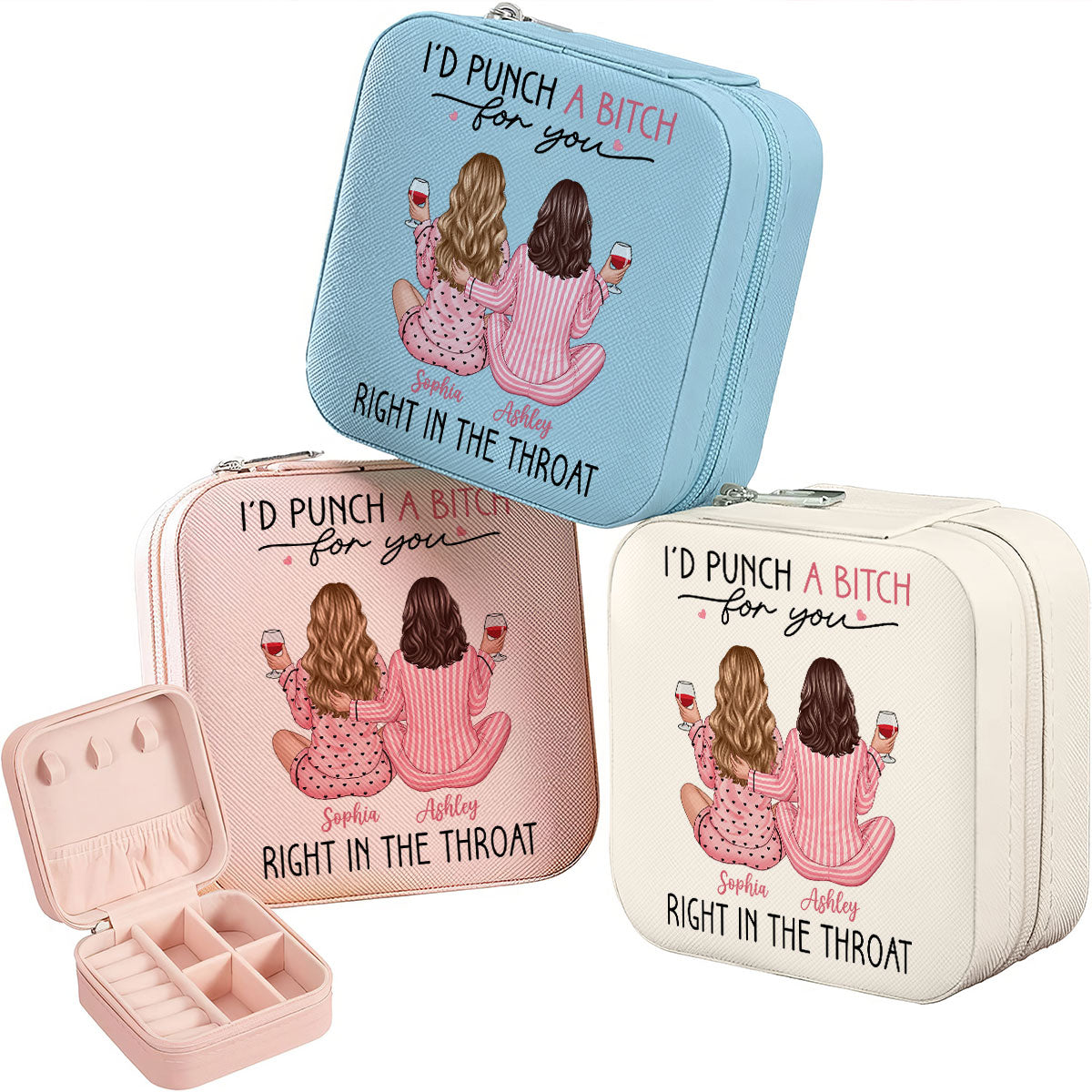 I'd Punch A Bitch For You Back View Pink Pajamas Besties Personalized Jewelry Box, Funny Gift For Best Friends, BFF
