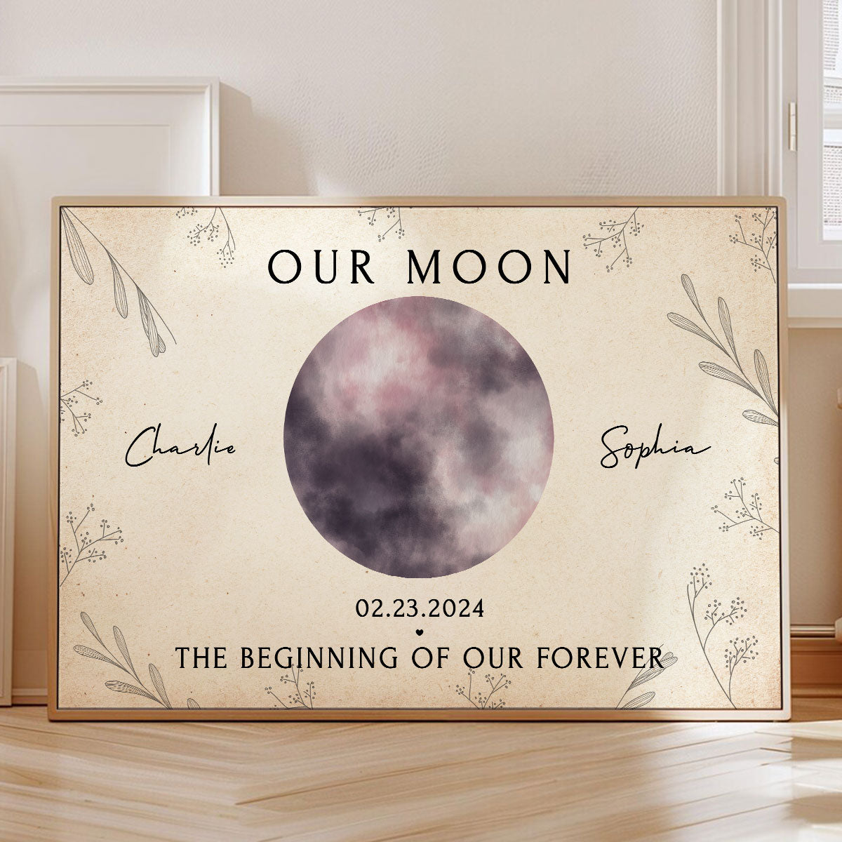 Watercolor Moon Phase Art Our Moon Couple Personalized Poster, Anniversary Gift, Wedding Gift