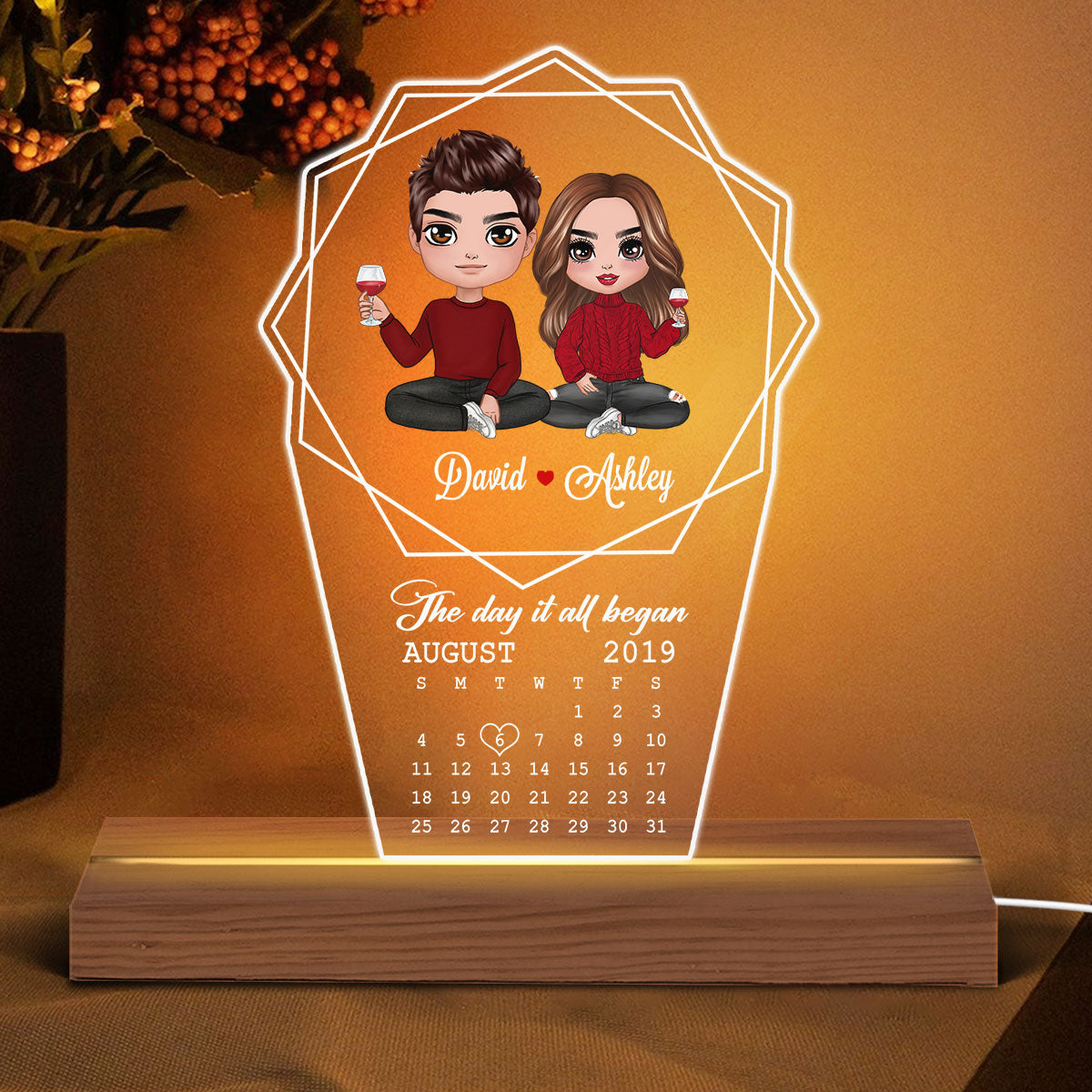 Hexagon Layers Frame Doll Couple Sitting Calendar Anniversary Date Personalized Custom Shape LED Night Light