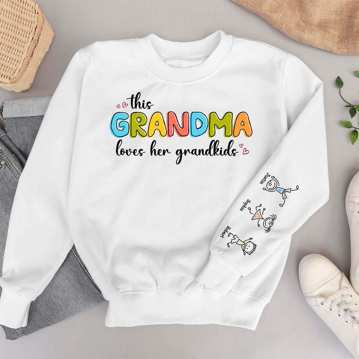 This Grandma Loves Her Grandkids Funny Cartoon Kids Personalized Sleeve Printed Sweatshirt, Gift For Mom, Grandma