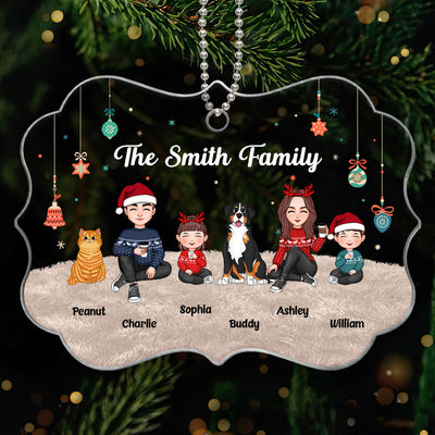 Christmas Cute Family Sitting On Carpet - Personalized Ornament