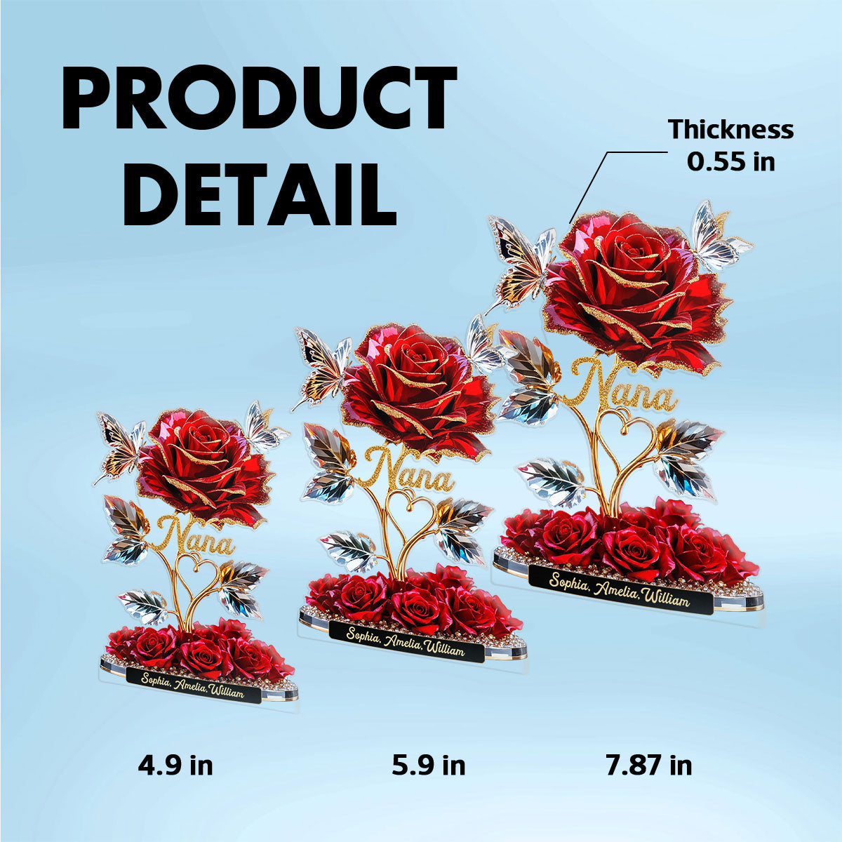 Beautiful Rose For Grandma Mom With Kids Names 3D Effect Personalized Flat Acrylic Block Plaque