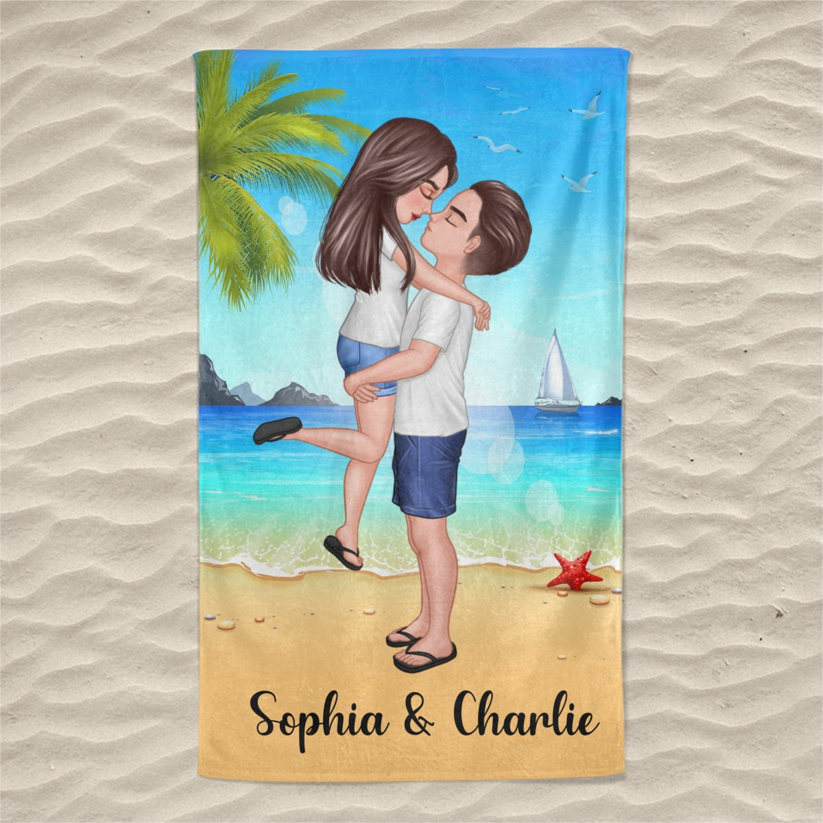 Summer Doll Couple Kissing Hugging On The Beach Personalized Beach Towel