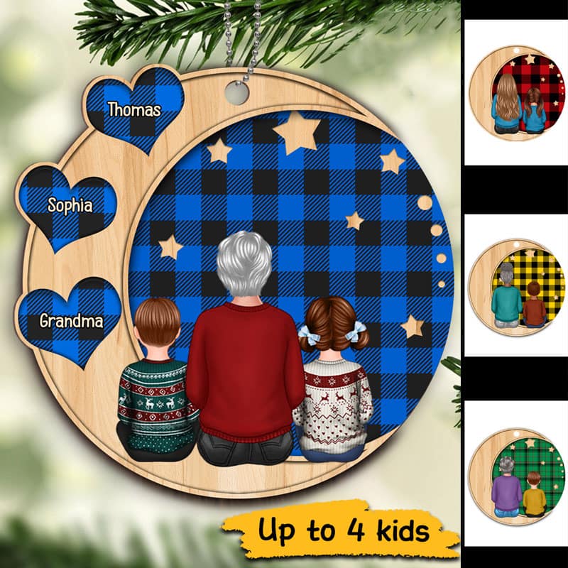 Moon Heart Checkered Grandma Grandkids Personalized Wooden Ornament