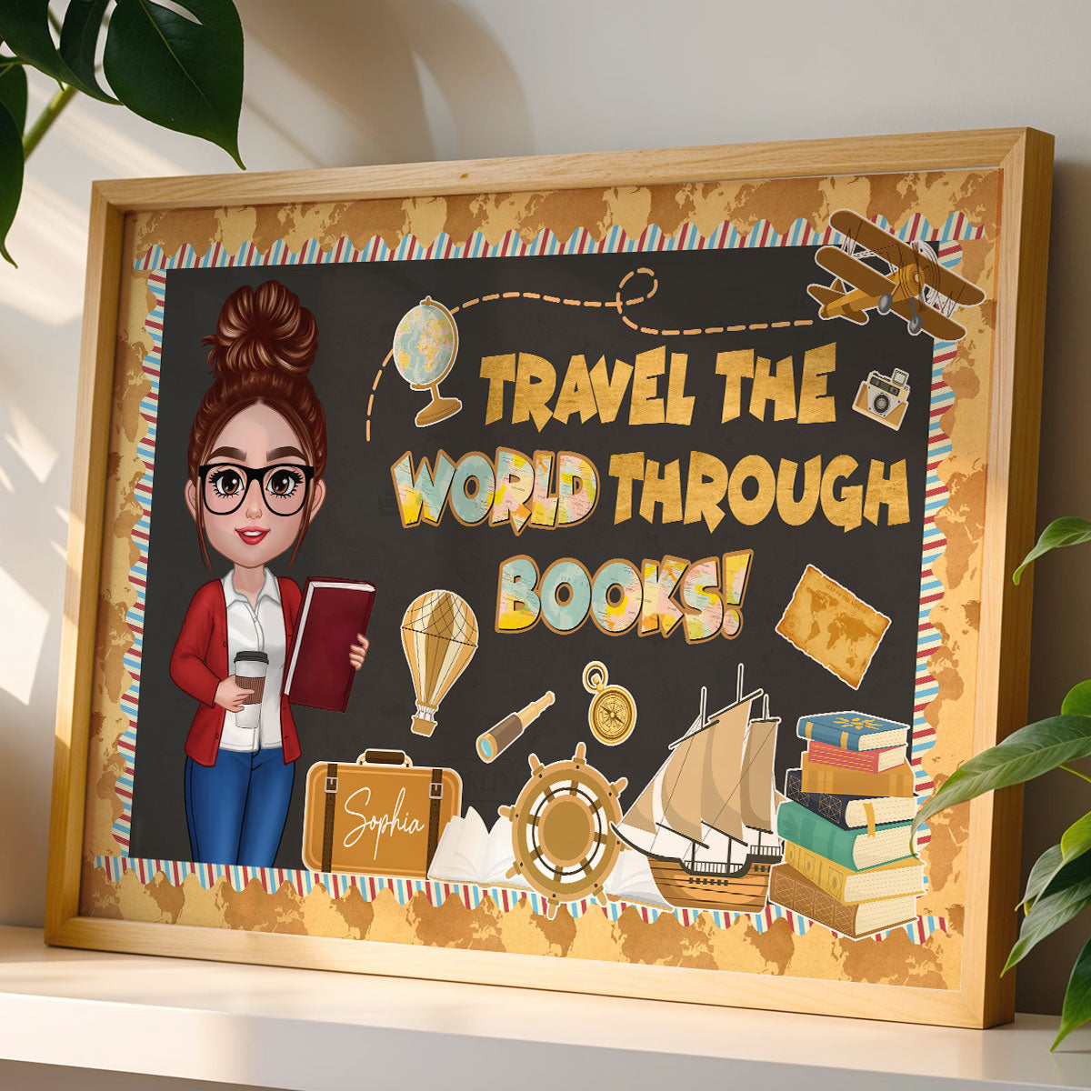 Travel The World Through Books Teacher Personalized Poster, Classroom Reading Corner, Library Decoration