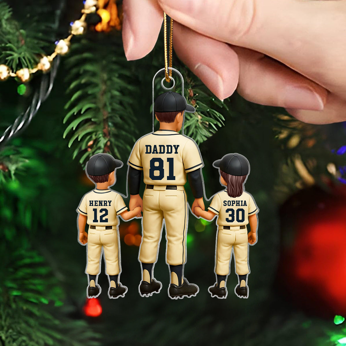 Baseball Father Holding Son Daughter Hand Personalized Acrylic Ornament, Christmas Gift for Baseball Dad