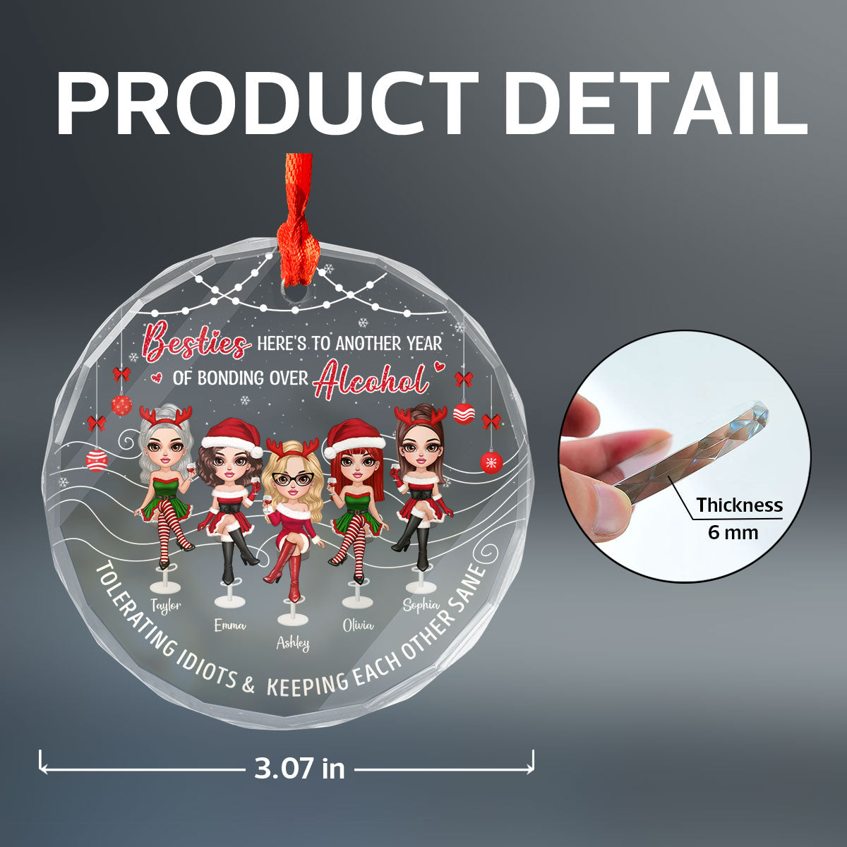 Besties Here's To Another Year Of Bonding Over Alcohol Personalized Glass Ornament, Funny Christmas Gift For Best Friends