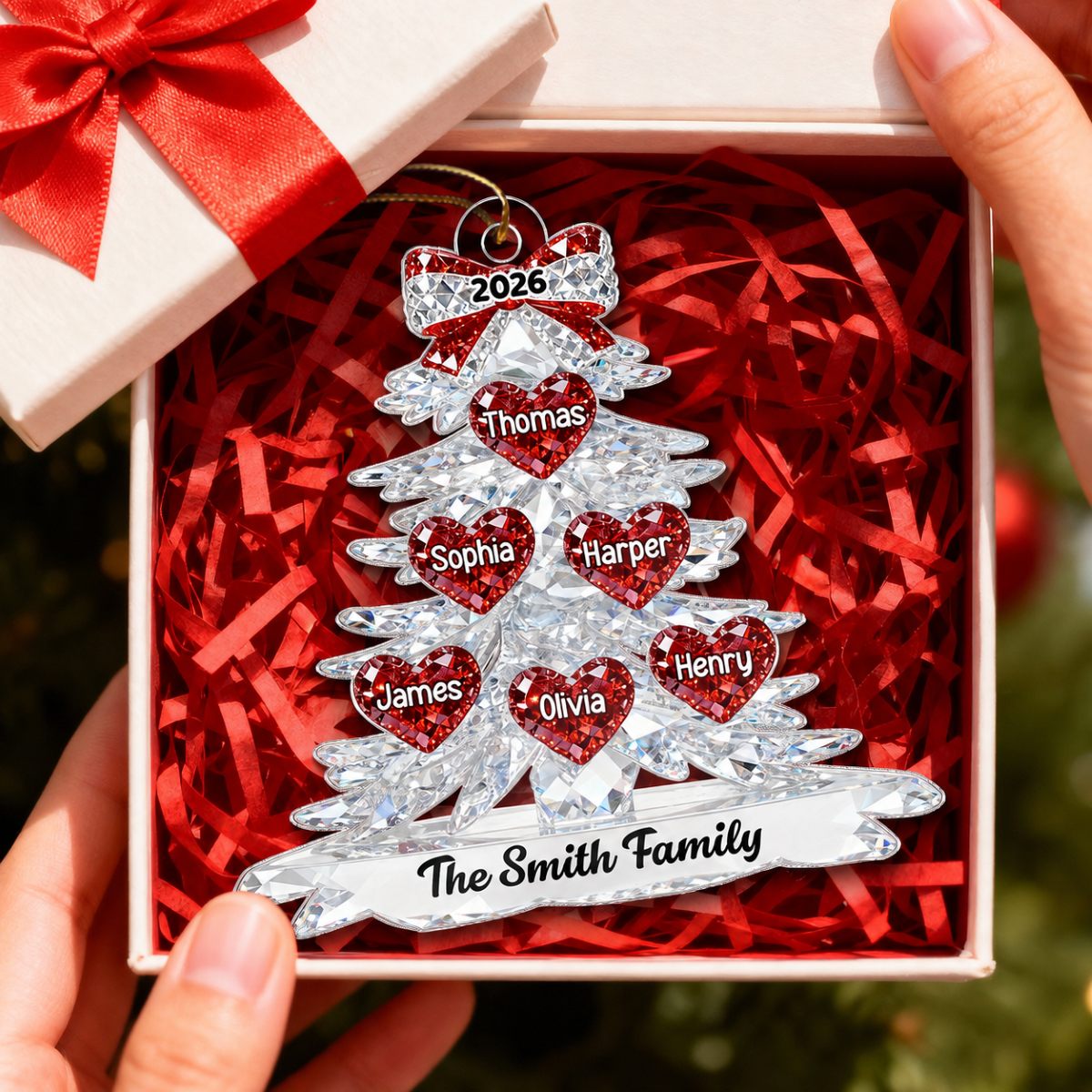 3D Effect Flat Family Christmas Tree Hearts Names - Personalized Acrylic Ornament - Gift For Family