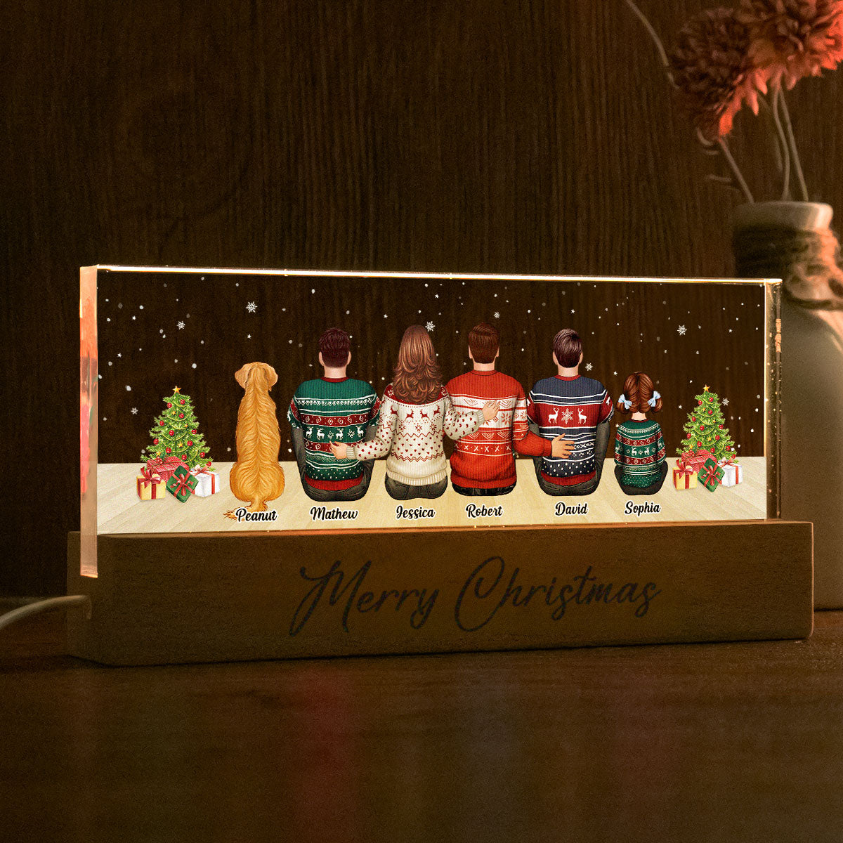 Merry Christmas Family Sitting Personalized Acrylic Block LED Night Light, Custom Family with Pets, Holidays Gift for Husband, Wife