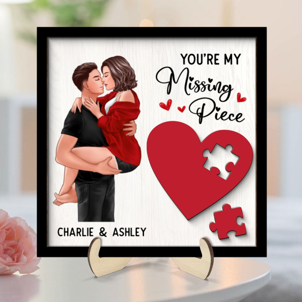 Couple Kissing Passionate Missing Piece Red Heart Valentine‘s Day Gift For Her Gift For Him Personalized 2-Layer Wooden Plaque