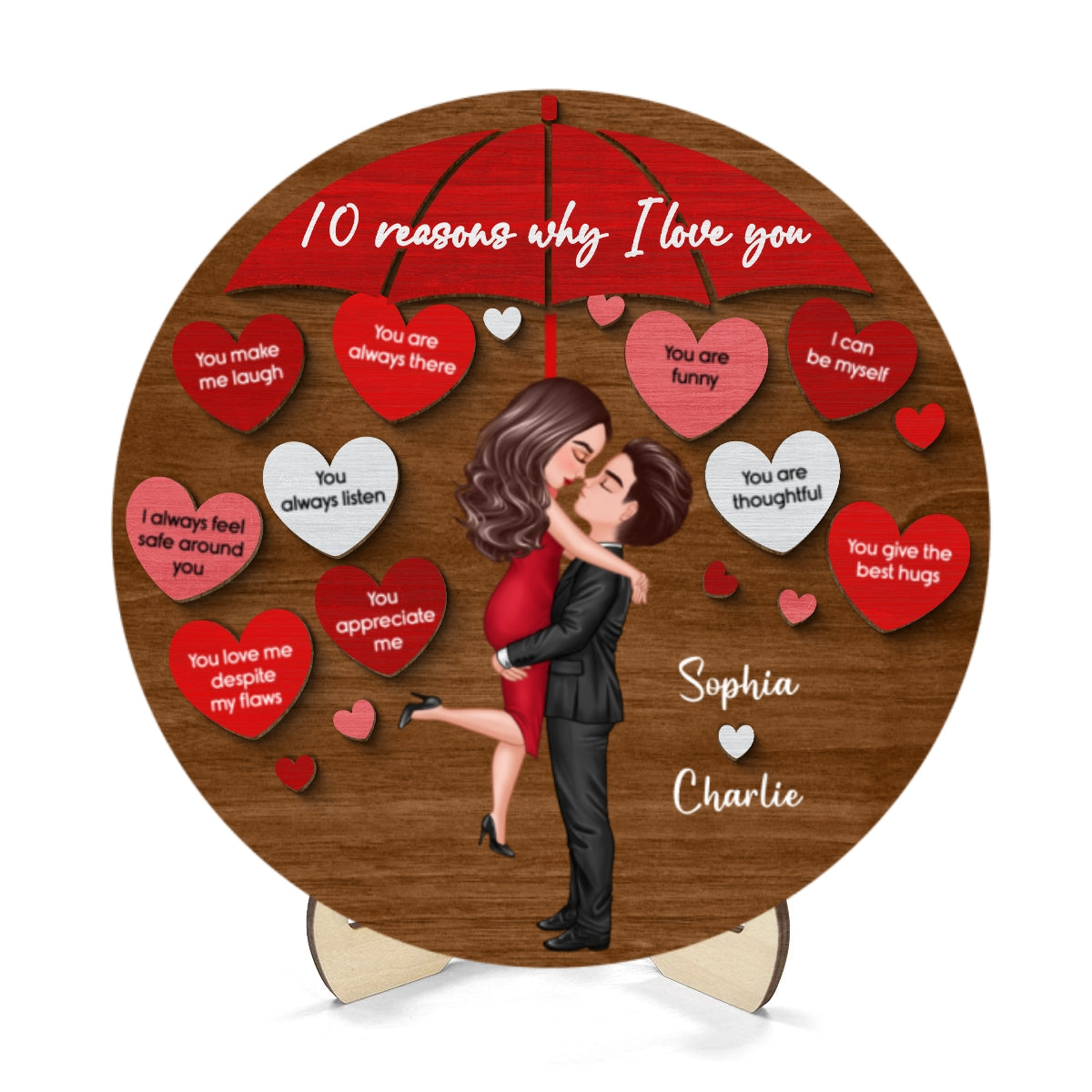 Reasons I Love You Couple Kissing Under Umbrella Personalized 2-layer Wooden Plaque