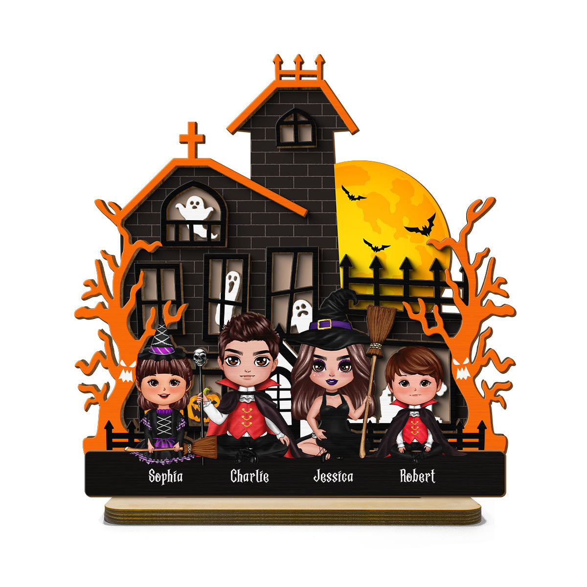 Halloween Family Sitting Haunted House Personalized 2-Layer Standing Wooden Plaque