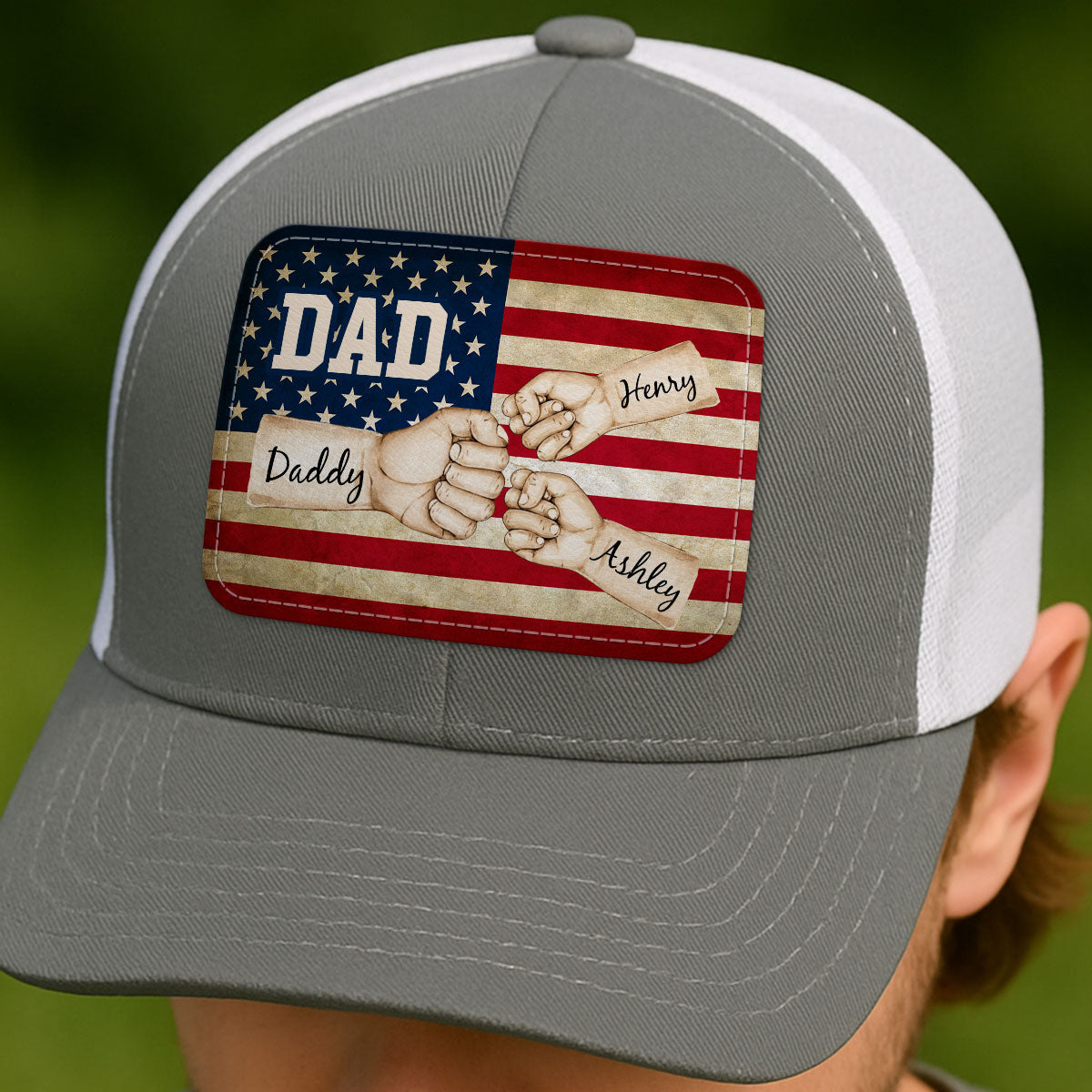Dad Grandpa Papa Fist Bumps Nation Flag Personalized Leather Patch Hat