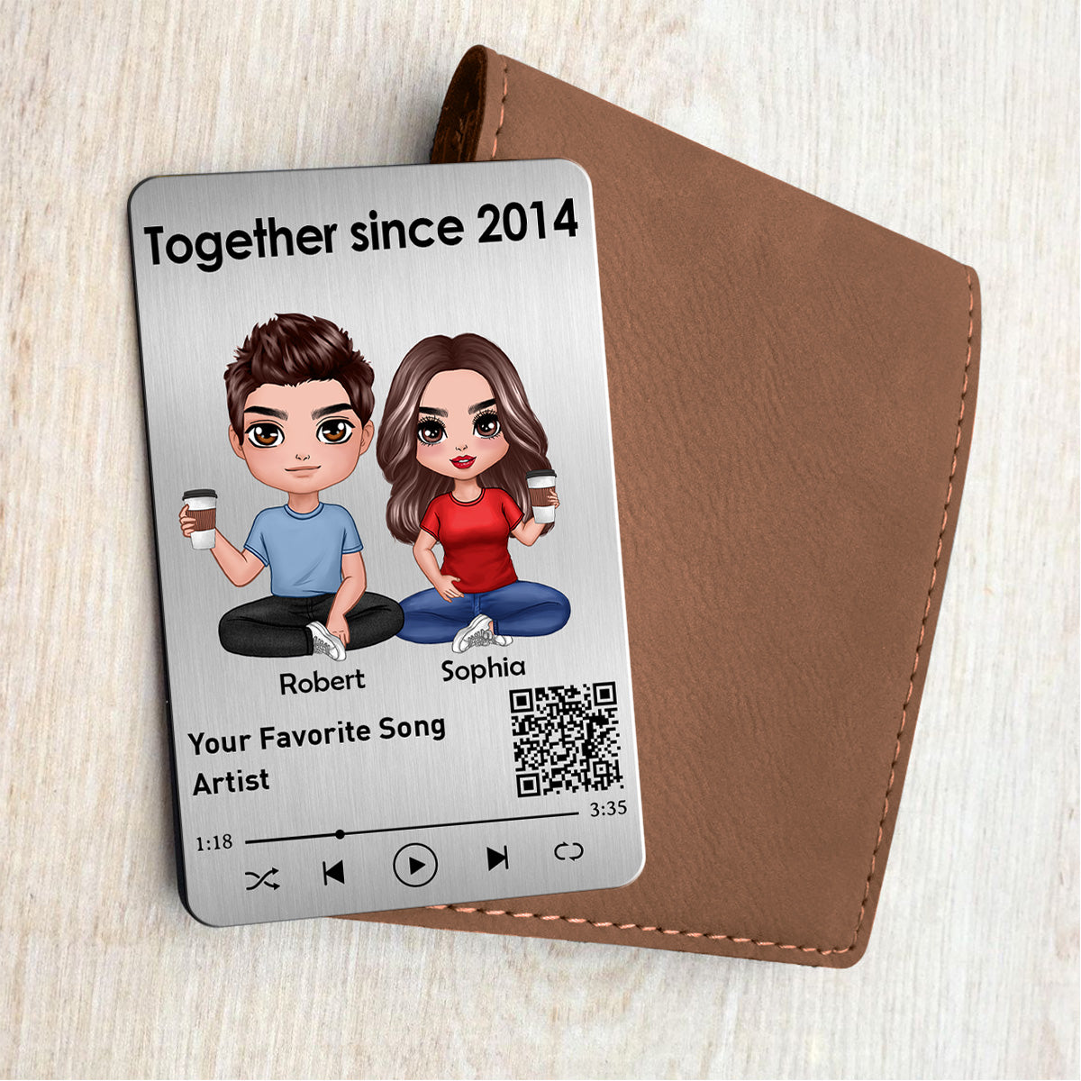 Doll Couple Sitting Together Since Favorite Song Scannable QR Code Personalized Metal Wallet Card