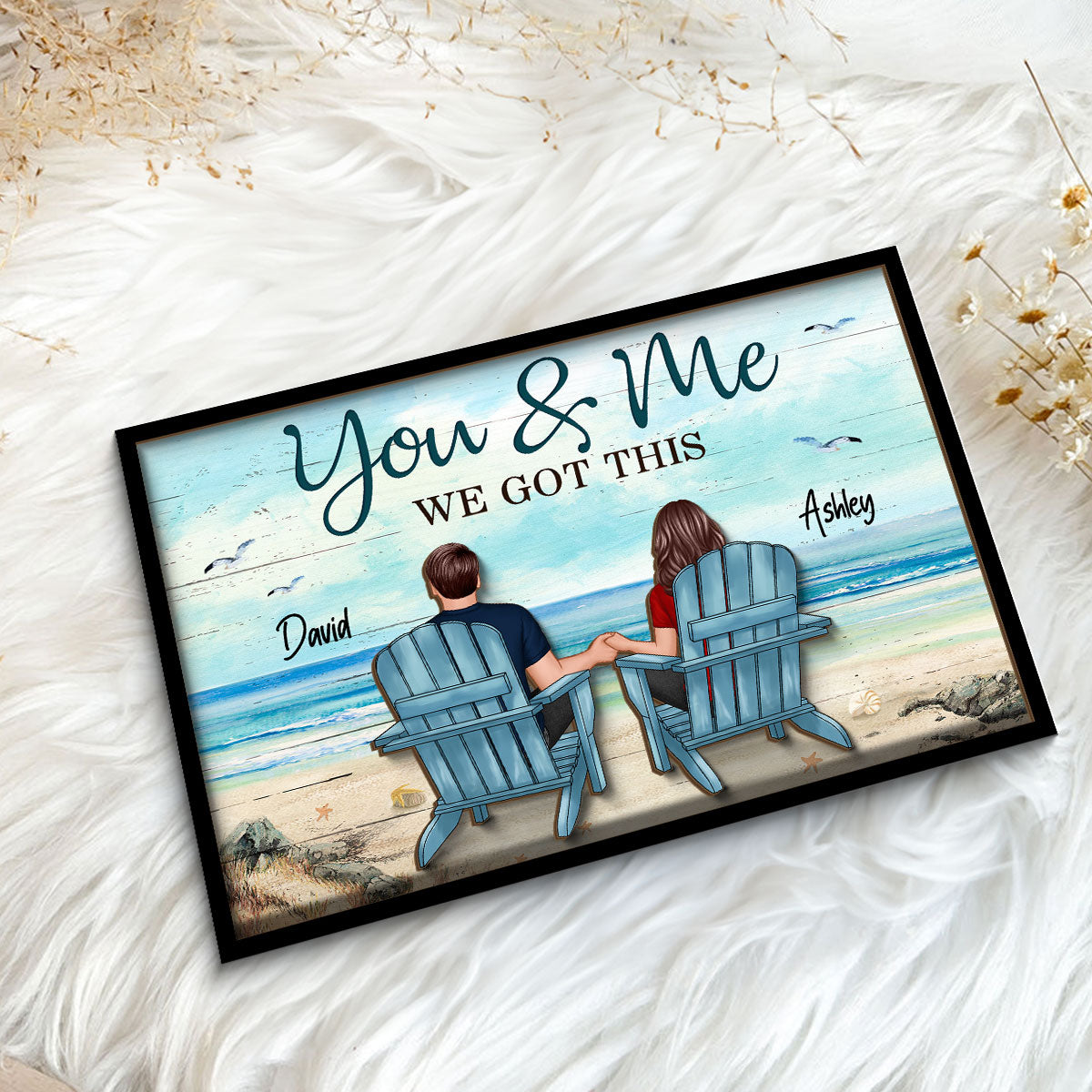 Back View Couple Sitting Beach Landscape Personalized 2-Layer Wooden Plaque