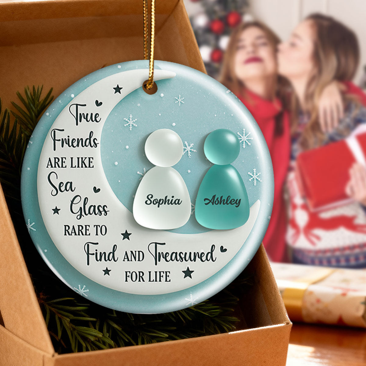 3D Sea Glass Effect Besties On Moon - Personalized Ceramic Ornament With Acrylic Pieces - Unique Gift For Best Friends