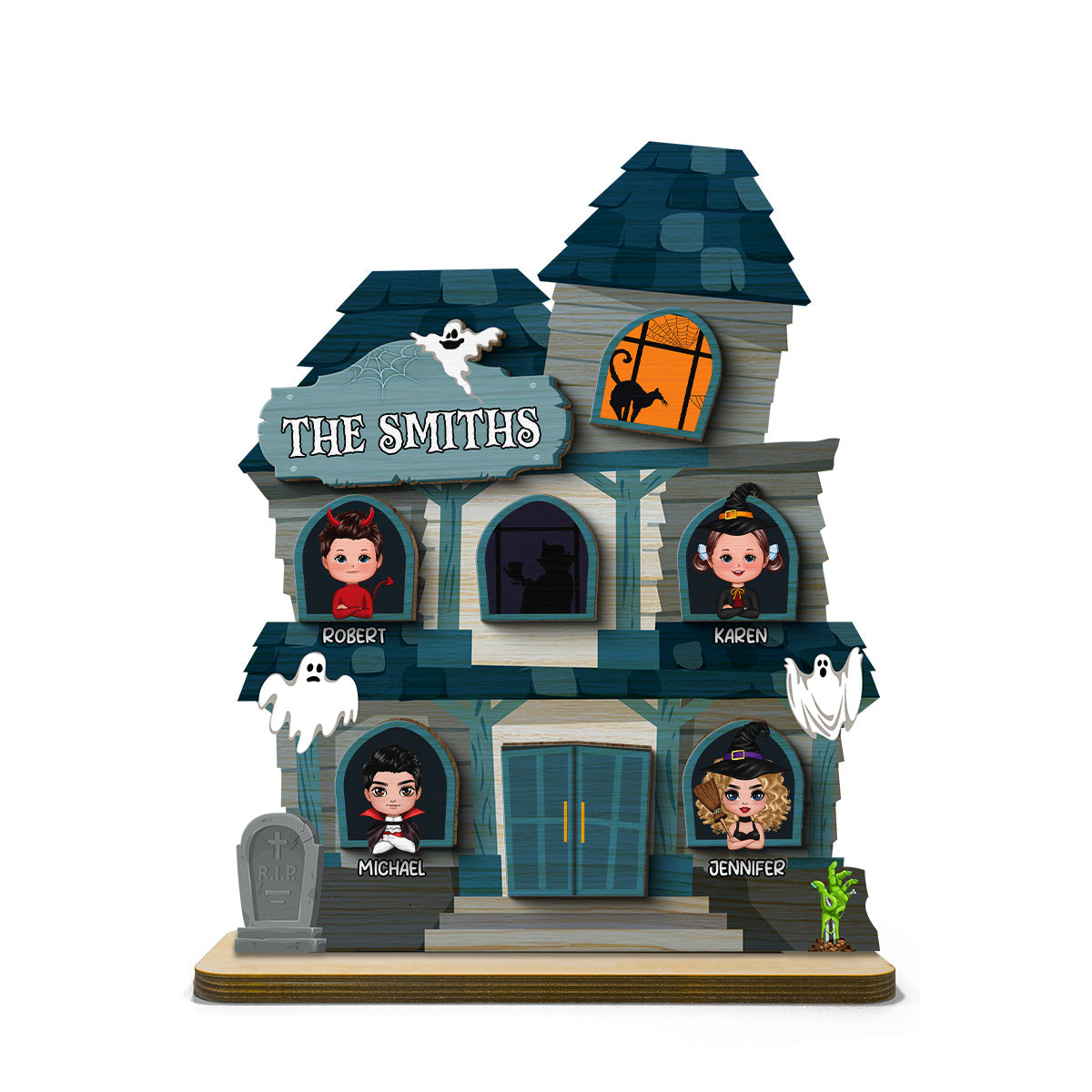 Halloween Spooky House Family Tabletop Tiered Tray Decor Personalized 2-Layer Wooden Stand