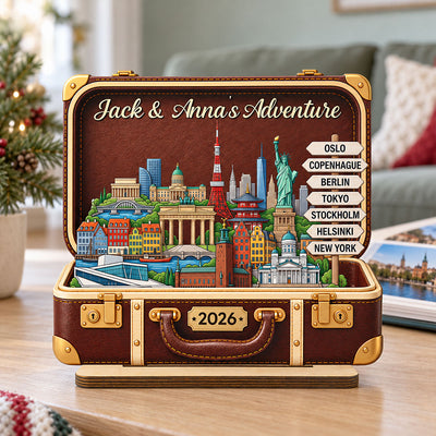 Custom Travel Adventure Suitcase 2D Flat Printed - Personalized 2-Layered Wooden Plaque - Traveling Destination Keepsake, Christmas Gift For Traveling Lovers