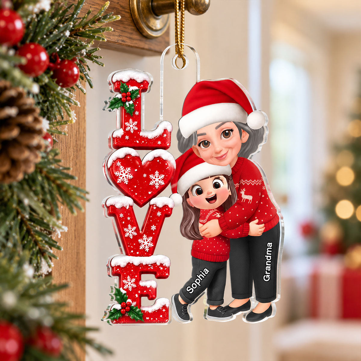 Grandma Hugging Grandkid LOVE 2D Flat - Personalize Acrylic Ornament - Christmas Gift for Grandma, Granddaughter, Grandson