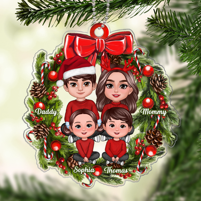 Crossed Legs Family Sitting On Chritmas Wreath Personalized Acrylic Ornament