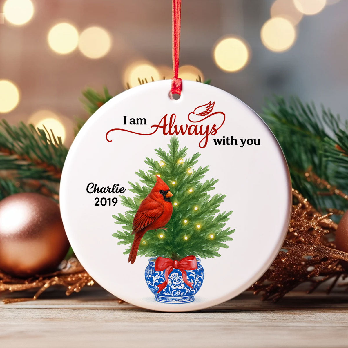 Cardinals Chinoiserie Christmas Always With You - Personalized Ceramic Ornament - Meaningful Sympathy Gift