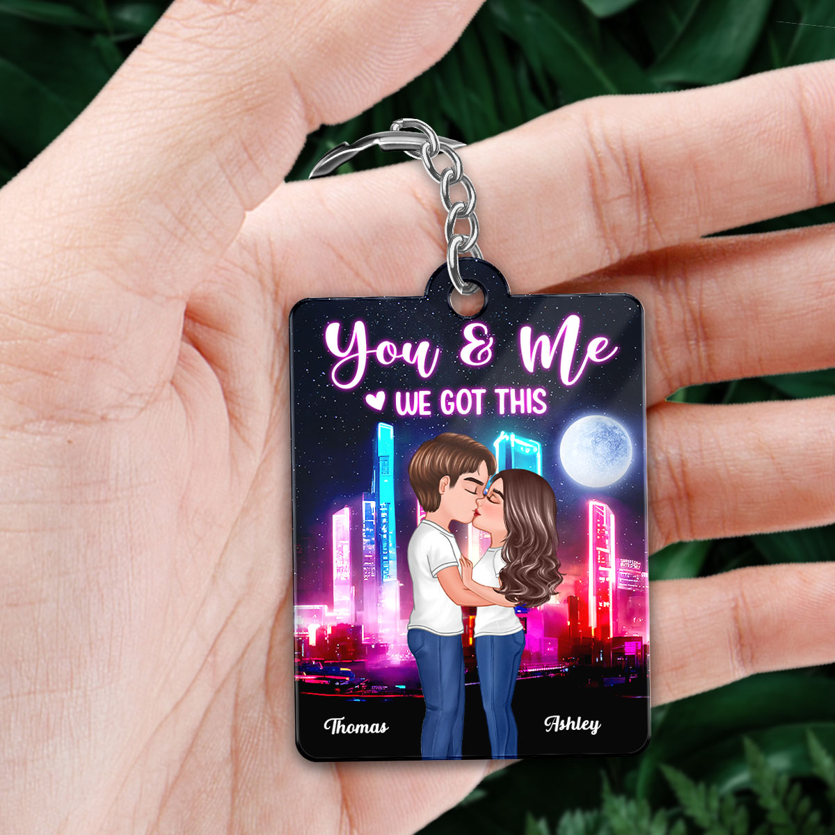 Doll Couple Kissing Neon Night City Favorite Song QR Code Personalized Acrylic Keychain