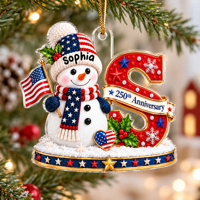 Patriotic Snowman Initial Custom Name 2D Flat - Personalized Acrylic Ornament - USA 250th Anniversary Keepsake
